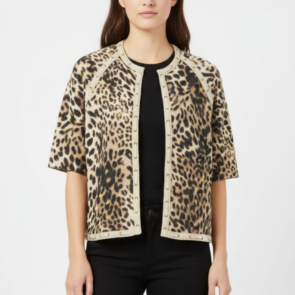 Chico’s Glitter Animal Print Open Front Half Sleeve Cardigan Sweater 1 M